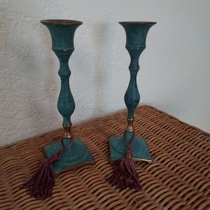 2 Vintage Teal Brass Candlestick Holders